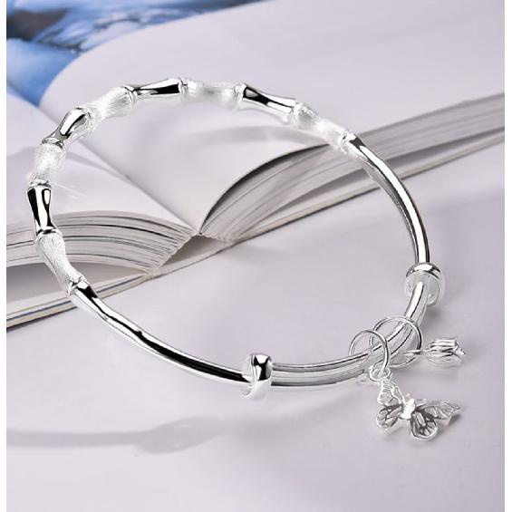 New Chinese-style National Design Silver-plated White Copper Adjustable Sliding Solid Personalized Fashion Butterfly and Bamboo Bracelet