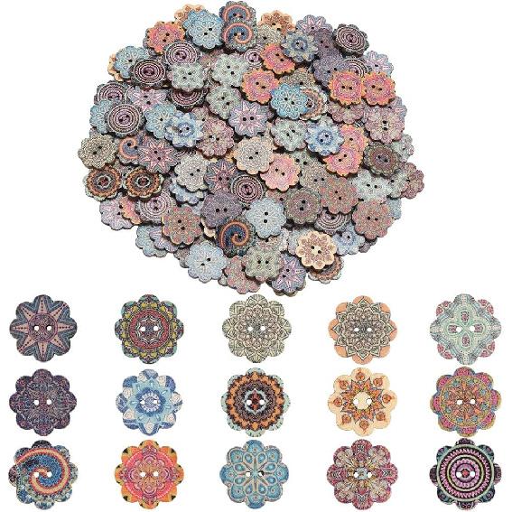 

GORGECRAFT 200Pcs Flower Painting Wooden Buttons with 2 Holes 4/5 Inch Random Vintage Round Natural Wood Sewing Button Decorative for DIY Crafts