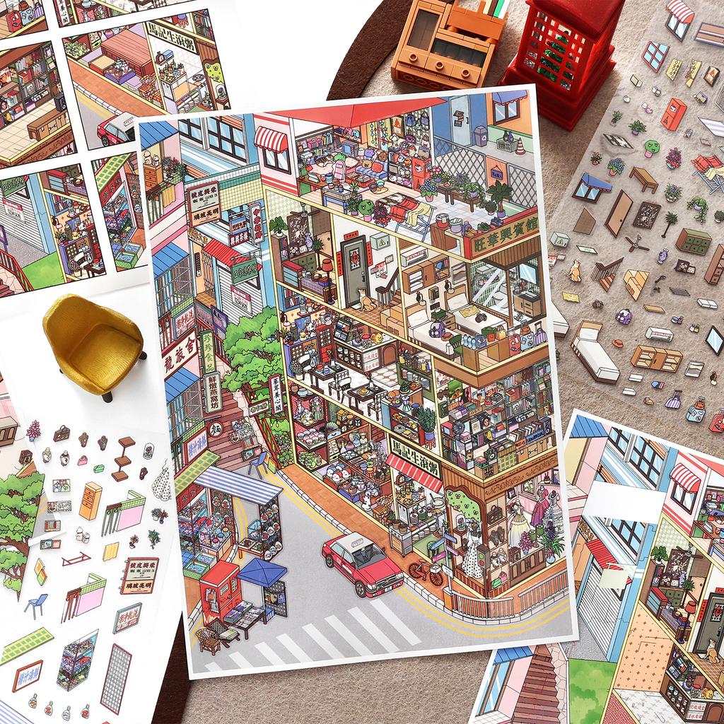 Kawaii City Street Scene 3D City Walk Landscape Sticker  DIY Pocket Cabin Scene Festival Gift