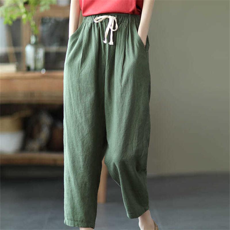 Harajuku Summer High Waist Elastic Women's Cotton Linen Wide Leg Capris Pants for Women Baggy Harem Pants Woman Trousers