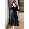 [Chubikime] One Piece Spring Summer Ladies Chiffon Medium Length Dress Long Sleeve V-neck Adult Dress A-line Simple Plain Color Elegant Dress Slimmer