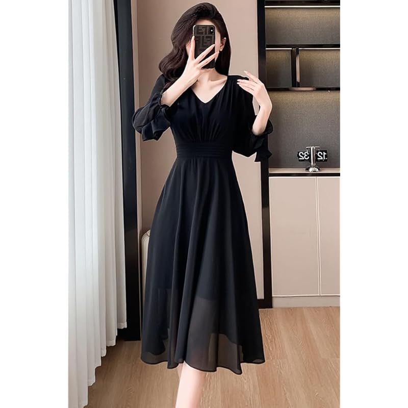 [Chubikime] one piece spring summer ladies chiffon medium length dress long sleeve V-neck adult dress A-line simple Plain color elegant Dress slimmer