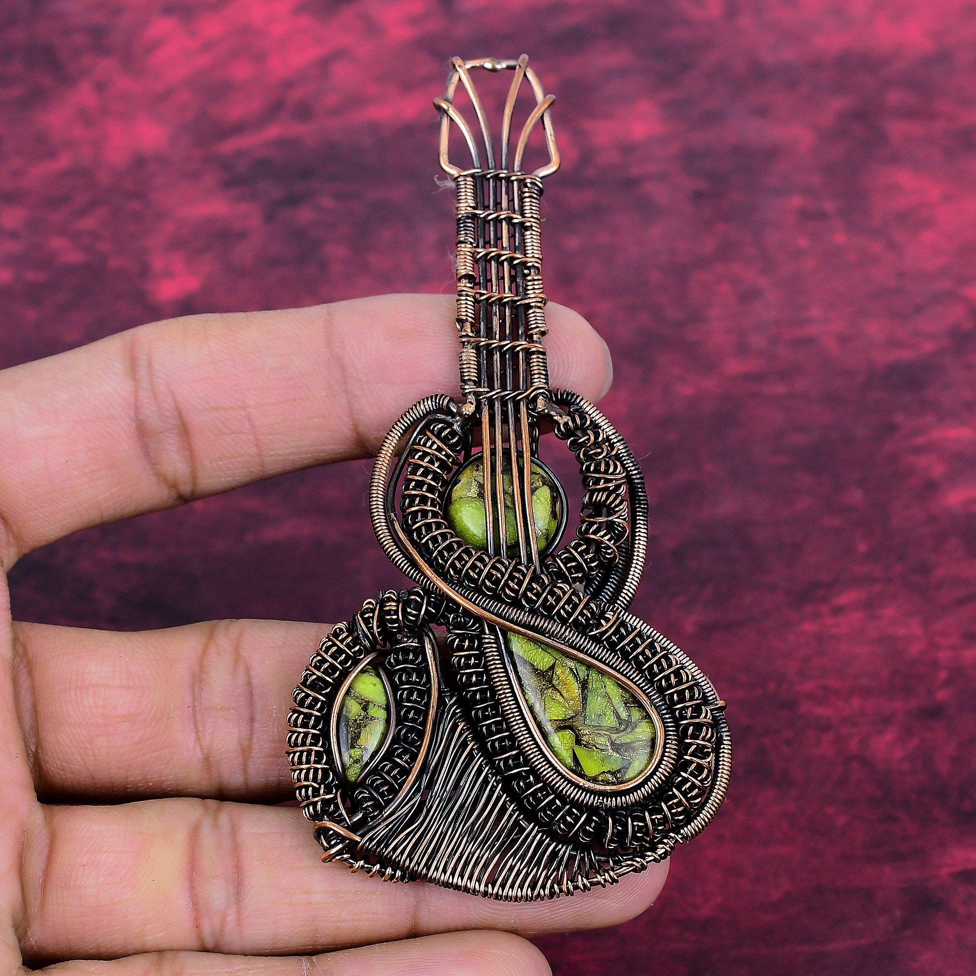 Copper Stichtite Gemstone Pendant Handmade Copper Wire Wrapped Guitar Jewelry