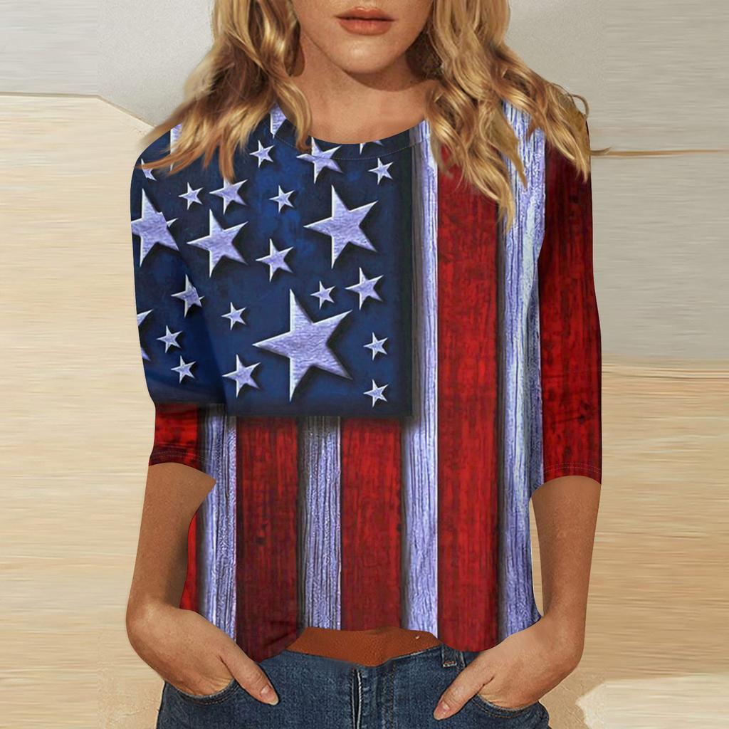 Women's Independence Day Print Round Neck Seven-Eighths Sleeve Top