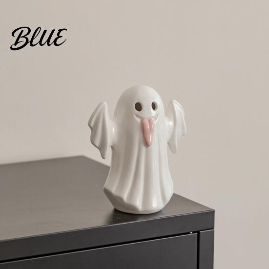 Gift for Halloween Party Light Up Ceramic Ghost Figurines Decor Cute White Statue Decorative Sculpture with Pink Tongue LED Night Home Table Office