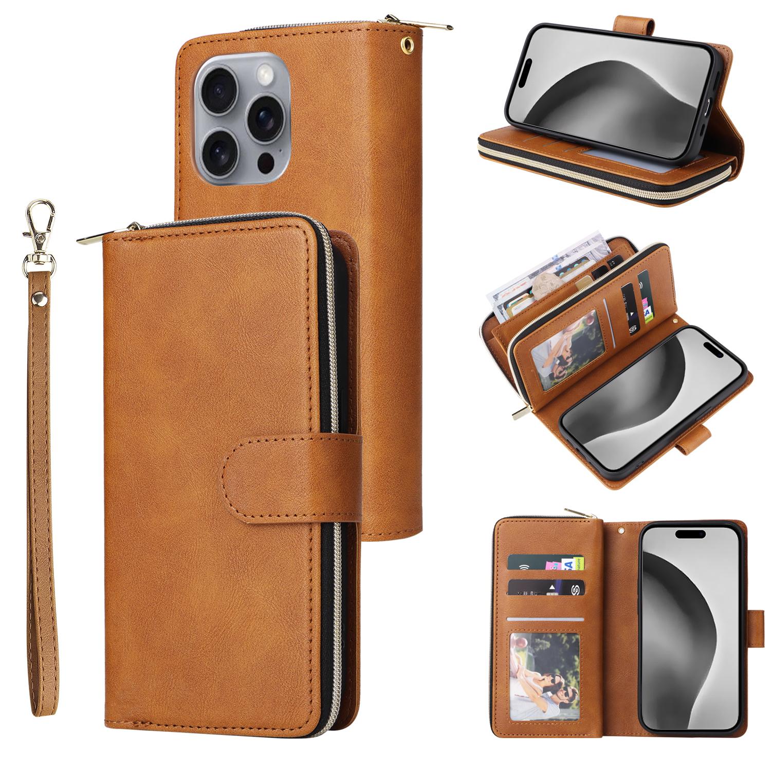 

For iPhone 16 Pro Max Case Zipper Leather Phone Cover 9 Card Slots Brown