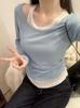 Small contrasting color fake two long-sleeved T-shirt women's spring ins waist pinch pleated undershirt thin short top