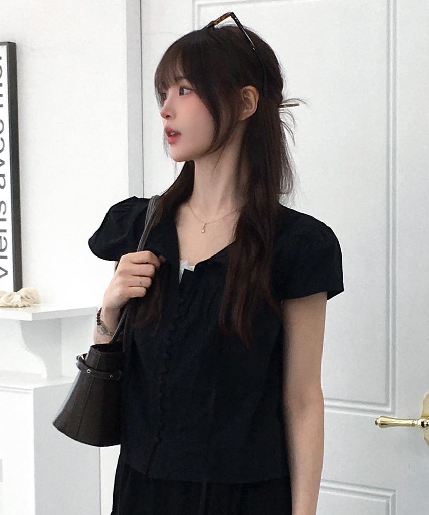 KIIMUIR (Women) Button Cap Sleeve Short Sleeve Blouse_Black