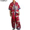 INCERUN Two Pieces Sets Men Short Sleeve Cartoon Print Shirts Pants Casual Loose Outfits