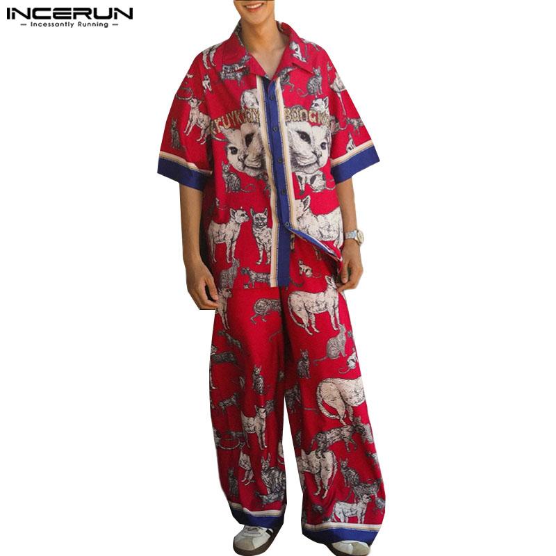 INCERUN Two Pieces Sets Men Short Sleeve Cartoon Print Shirts Pants Casual Loose Outfits