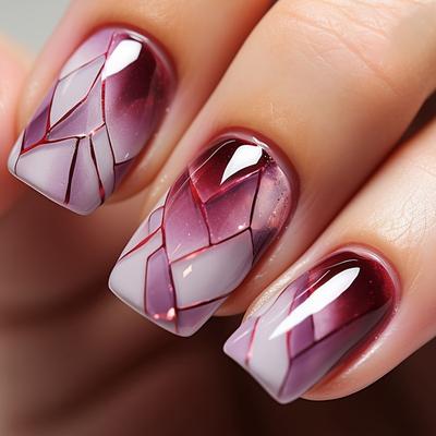 24pcs/set Medium Square Broken Crackle False Nails Purple Gradient Sense Nail Piece Finished Wearing Nail1pc Nail File And 1sheet Adhesive Tabs