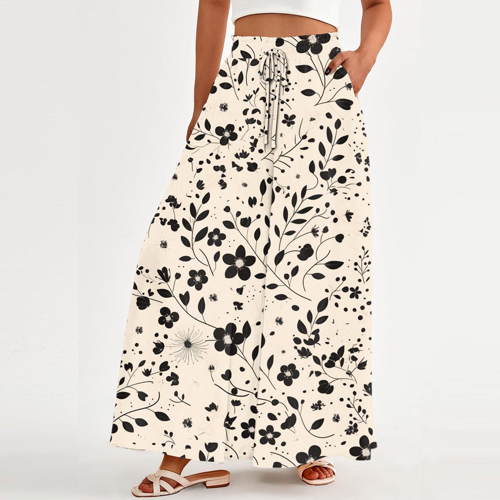 

Women s Loose Casual Pants Bohemian Floral Print High Waistband Bag Flowing Pants XL бежевий