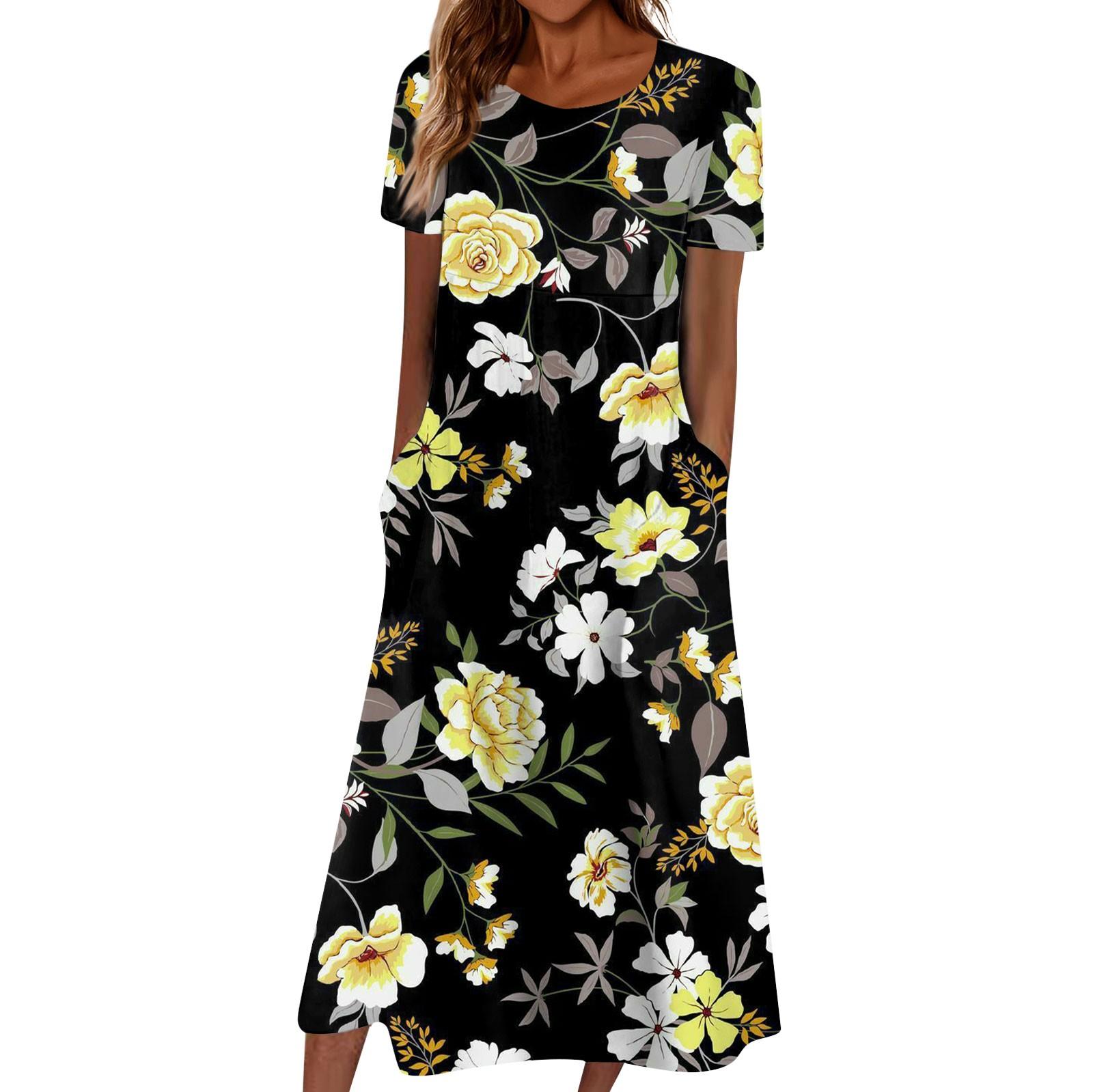 

Летнее платье для женщин, повседневное пляжное свободное платье с v-образным вырезом и короткими рукавами с принтом L чёрный