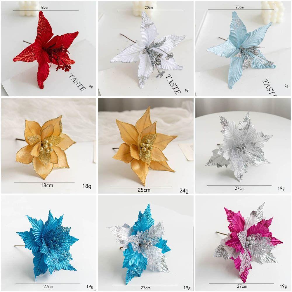 New Fabric Plastic Christmas Artificial Flowers 20cm/26cm Ornaments Fake Flower DIY Decoration Glitter Poinsettia New Year