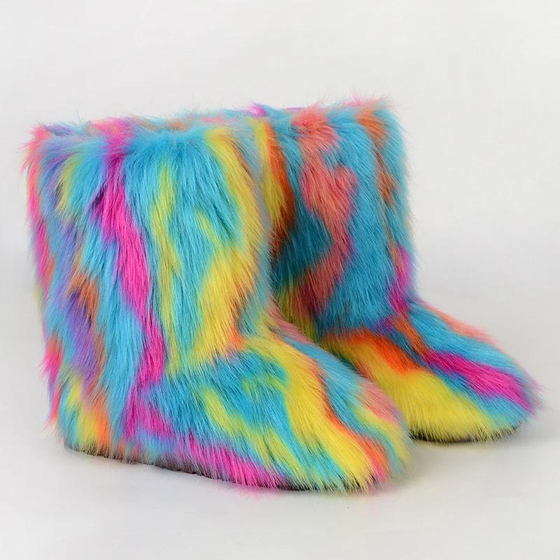 Women Winter Faux Fur Boots Woman Fluffy Plush Warm Snow Boots Luxury Footwear Girls Furry Fur Bottes Fashion Winter Shoe