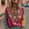 Women Tops V-Neck Long Sleeve Embroidery Flower Printing Tee Shirt Bohemia Ethnic Style