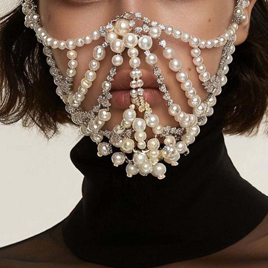 Elegant Half Mask Beads Face Accessory Cosplay Face Chain Imitating Pearls Unisex Fashion Jewelry for Party Wear
