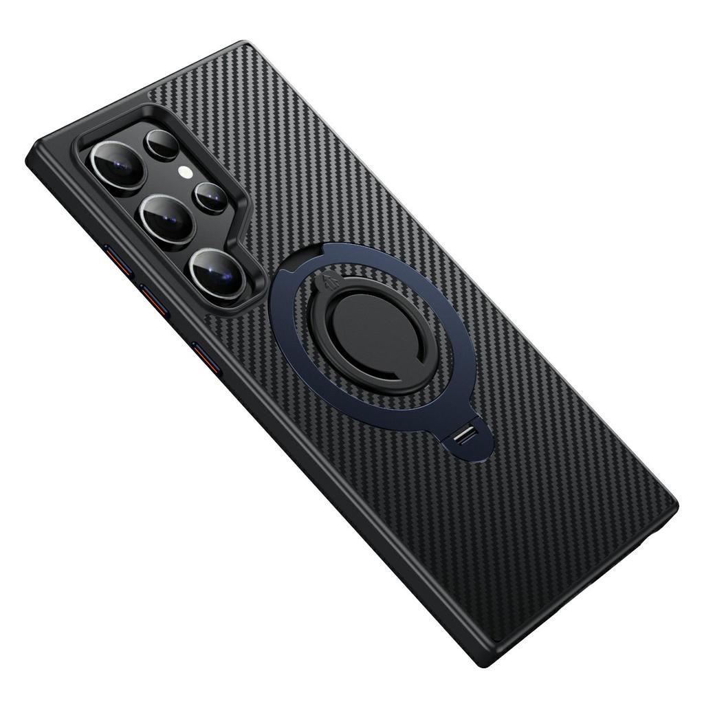 For Samsung Galaxy S24 Ultra Magnetic Case Kickstand Carbon Fiber Texture PC + TPU Back Cover with Silicone Ring
