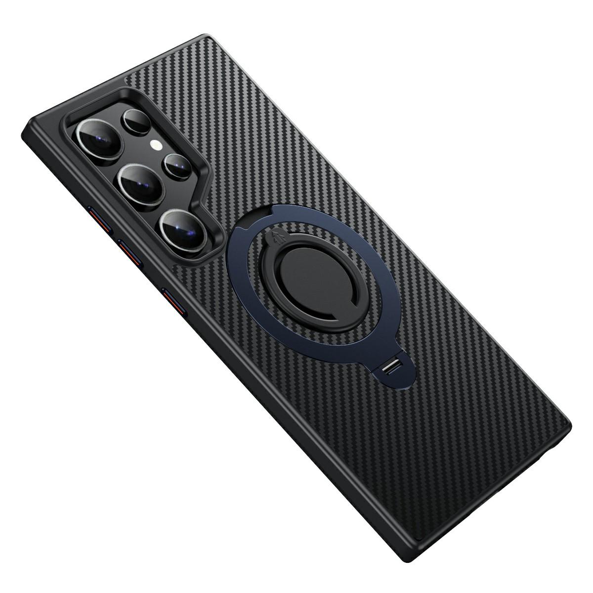

For Samsung Galaxy S24 Ultra Magnetic Case Kickstand Carbon Fiber Texture PC + TPU Back Cover with Silicone Ring D