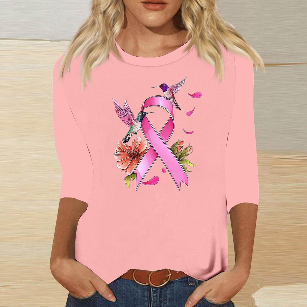 Women's Casual Round Neck Three-Quarter Sleeve Print Blouse with Ribbon and Butterfly Heart Pattern