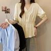 Women Light Blue V Neck Puff Sleeve Elastic Waist Peplum Button Down Casual Blouse