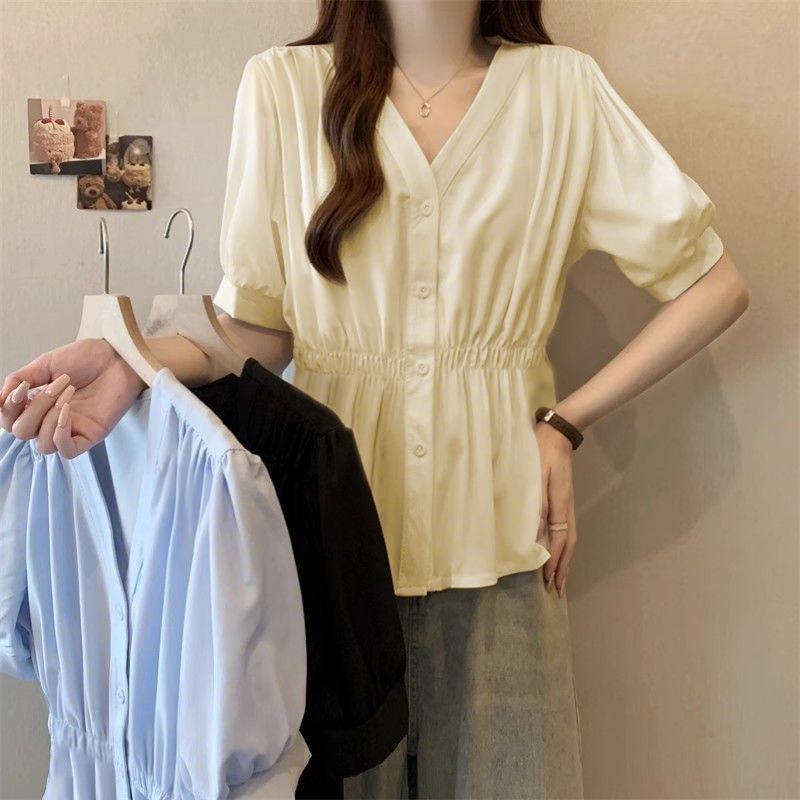 Women Light Blue V Neck Puff Sleeve Elastic Waist Peplum Button Down Casual Blouse