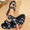Fashion British Vintage Blue Denim Sandals Women Chunky Platform Wedge Heels Slip One Summer Shoes Woman High Heeled Slippers Slides