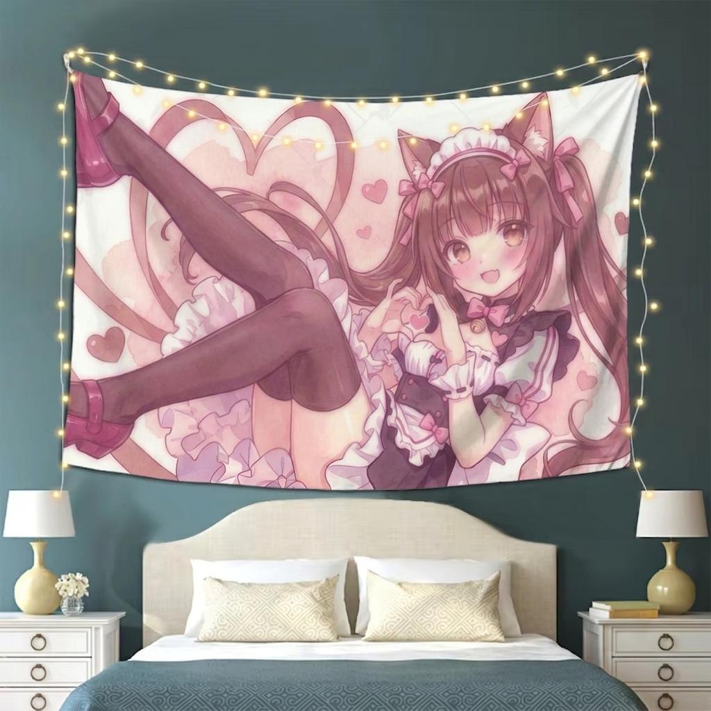 1pc N-Nekopara C-Chocola Maid Tapestry Heart Gesture Pink Bows Print Decor for Neko Anime Fans Bedroom Dorm Home