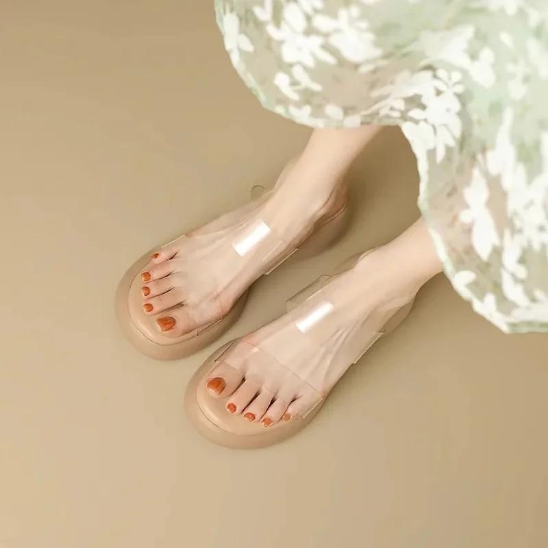 

Fashion Transparent High Heel Sandals 2025 Summer New Thick Heel Nude Color Crystal Slippers Women Outdoor Wear Shoes 35 абрикосовый