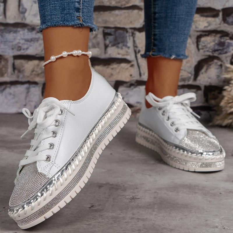 Fashion Plus Size 44 Women's Platform Sneakers Crystal-edged Thick-soled Small White Shoes Comfortable Versatile Lace-up Vulcanized Shoe