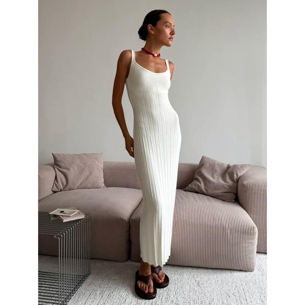 Summer New Knitted Square Neck Pleated Slip Dress, Casual Lazy Vacation Sundress for Women, European & American Style