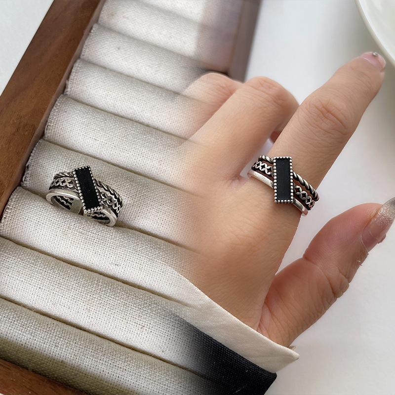 Black Drip Glaze Retro Thai Silver Jewelry Women's Non-fading High-end Open Ring