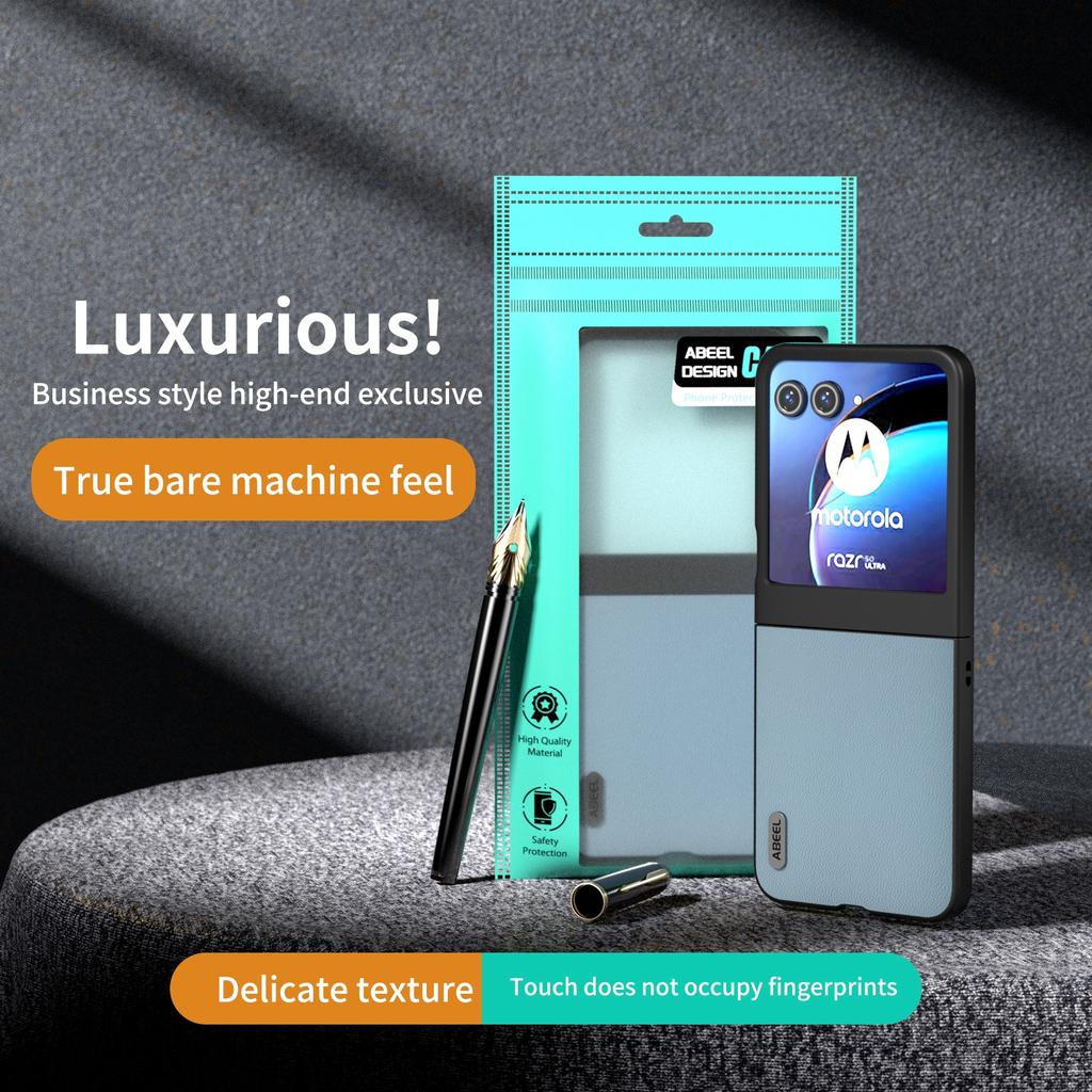 ABEEL For Motorola Razr 60/Razr 50 5G Case Genuine Cow Leather PC Phone Cover Black Edge