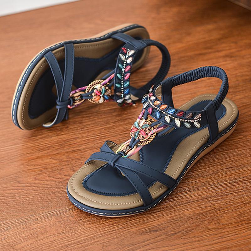 Bohemian Style Summer Shoes Women Flat Sandals Thick Sole Elegant Ladies Beach Sandals Summer Holiday Shoes Plus Size 42