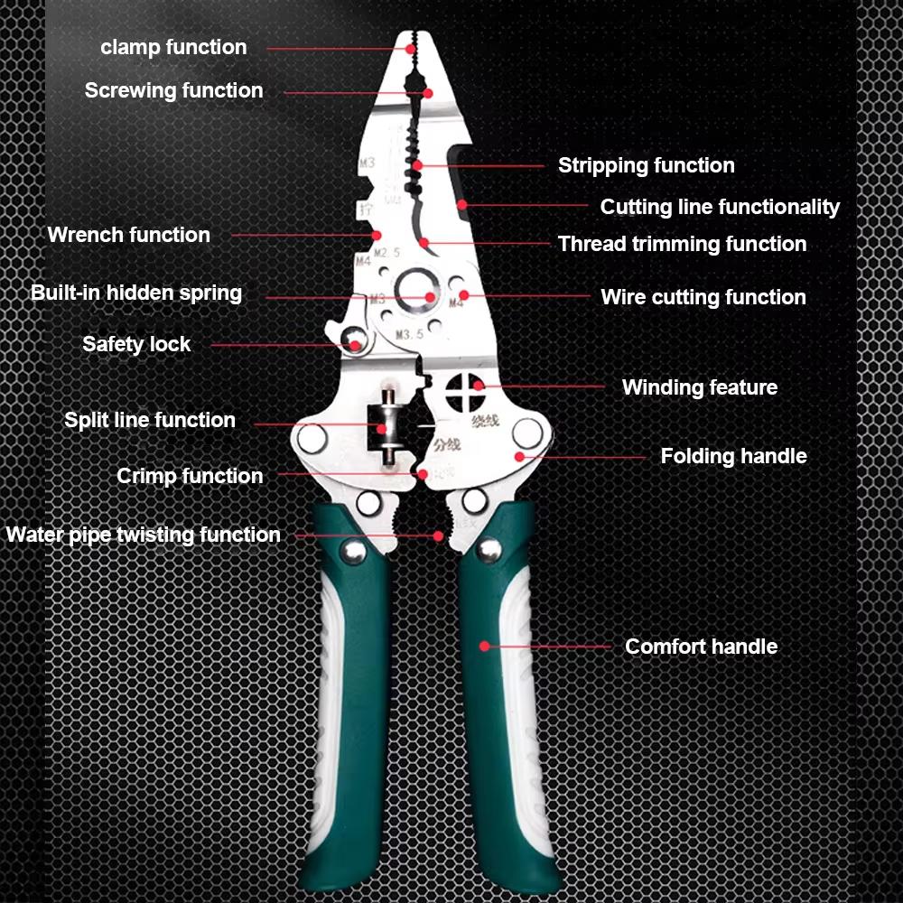 Multifunctional folding electrician wire stripping and cutting pliers, wiring pliers, wire splitting and crimping pliers