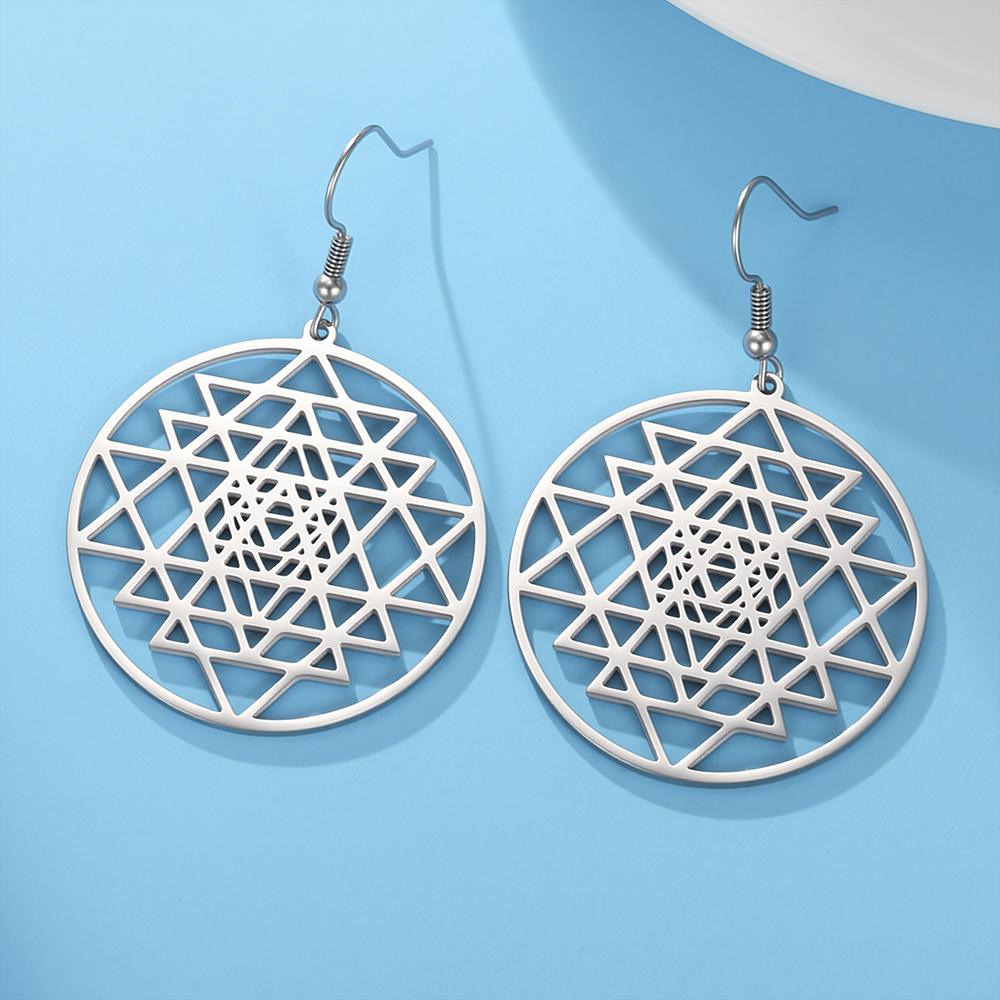 Dawapara Sri Yantra Mandala Dangle Earrings Sacred Geometry Chakra Spiritual Boho Jewelry Stainless Steel Earrings