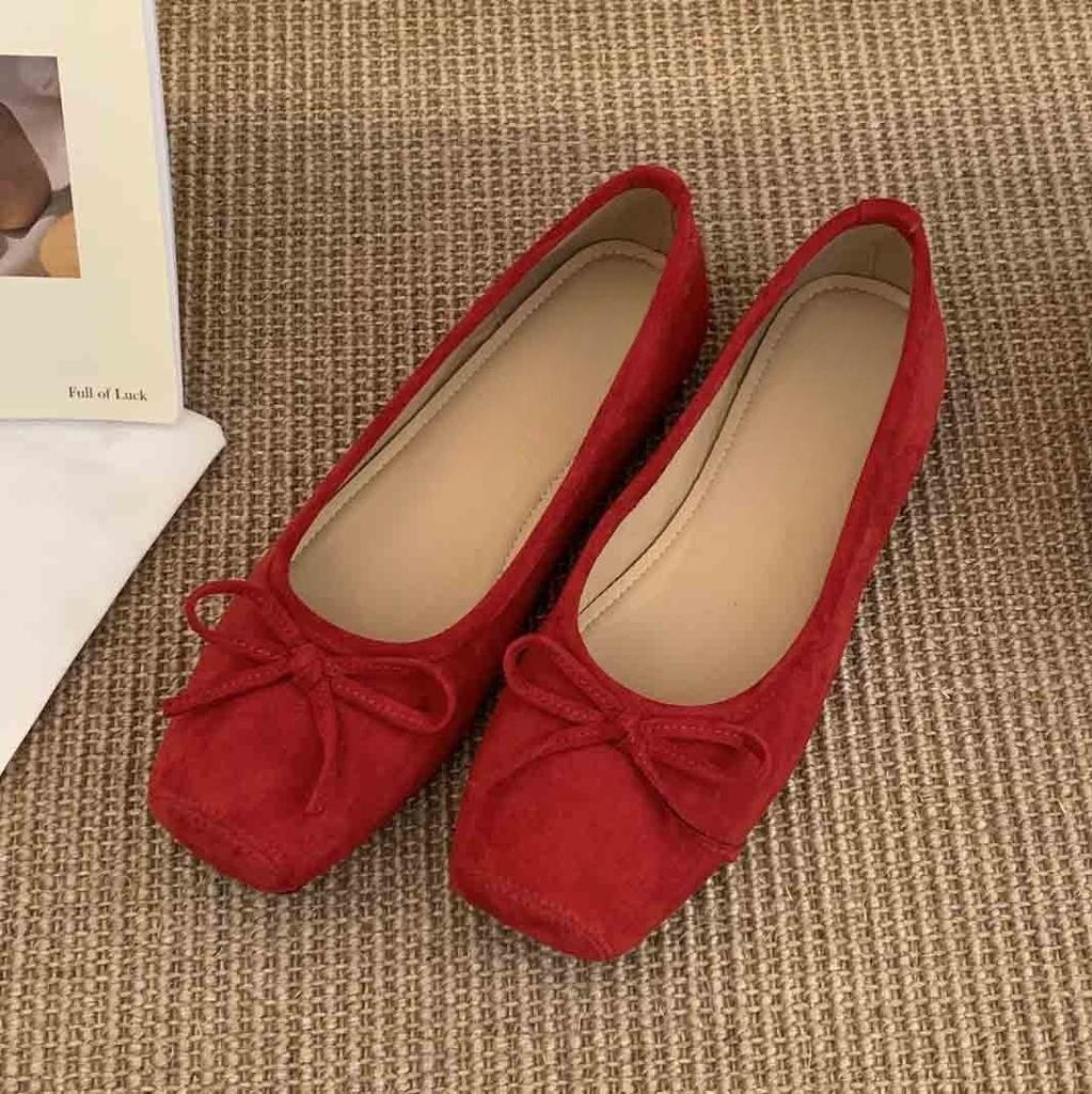 Flat red single shoes female French gentle fairy ballet style beanie shoes inner height increase yellow ladyshoes