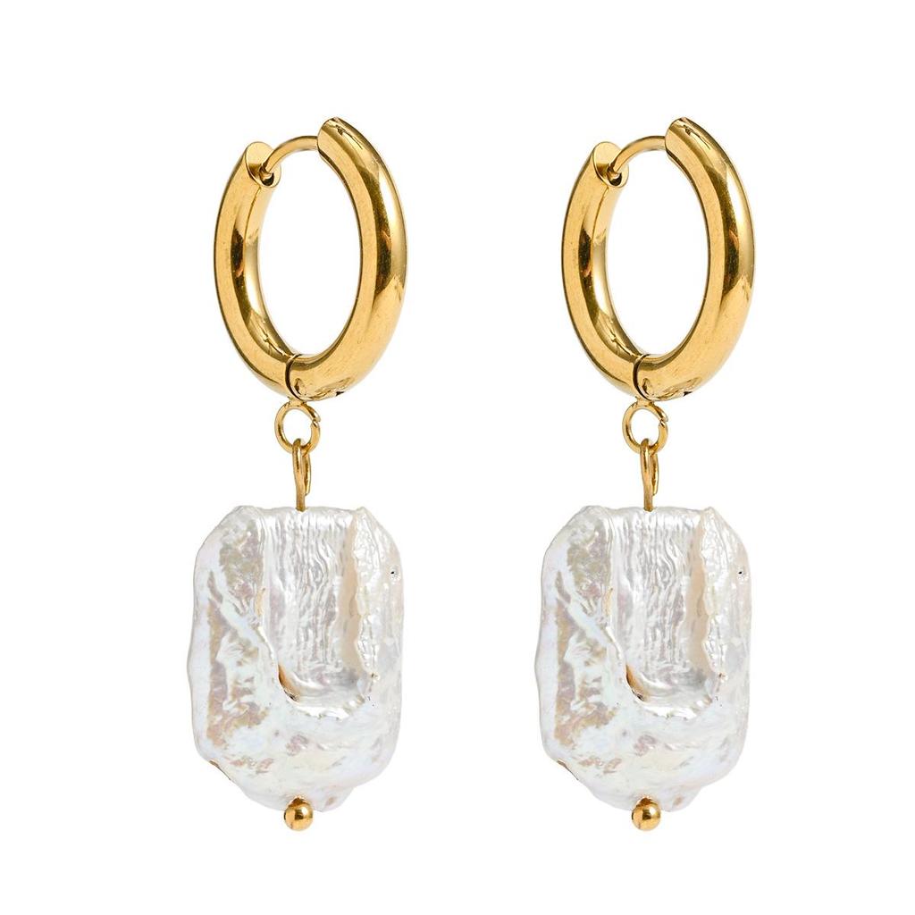 Cross-Border Fashionable Pearl Baroque Hoop Earrings, 18K Stainless Steel, High-End Look, Fade-Resistant.