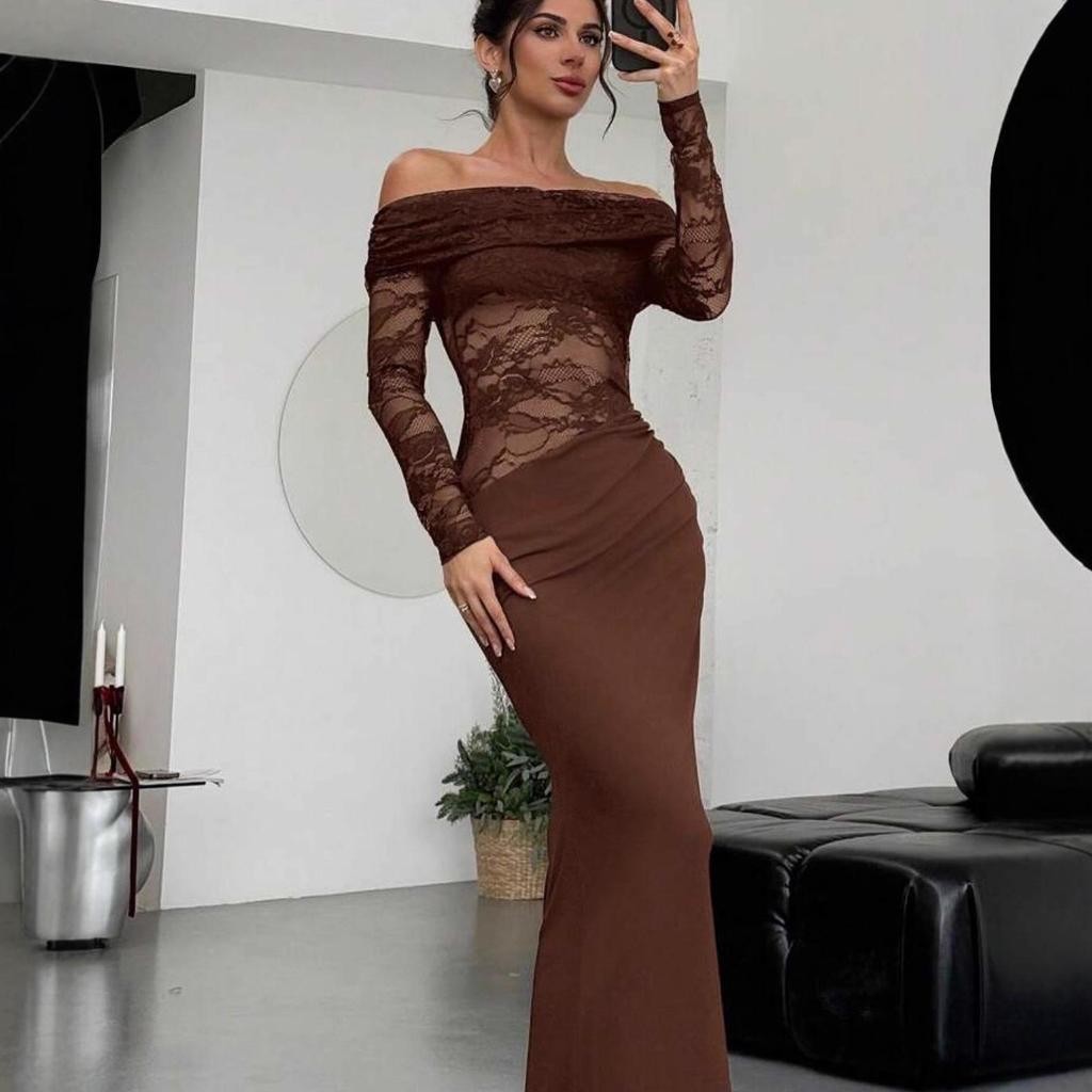 European & American Off-Shoulder Lace Long-Sleeve Dress - Sexy, High-End, Hip-Hugging Summer Style