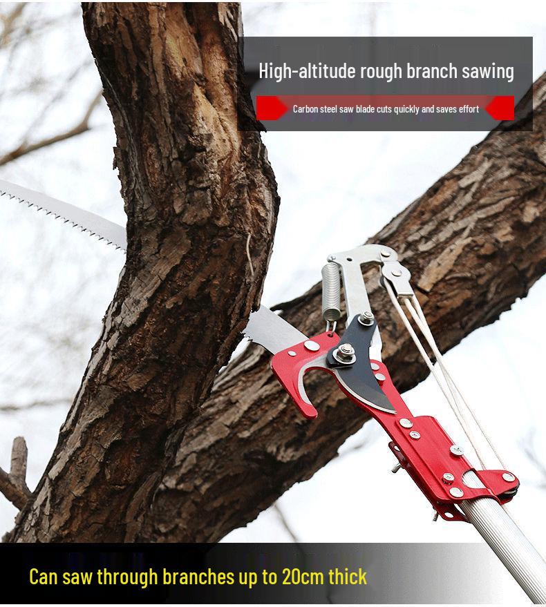 Aluminum Alloy Telescopic Pole and Pruner with High Branch Saw for Tree Pruning.