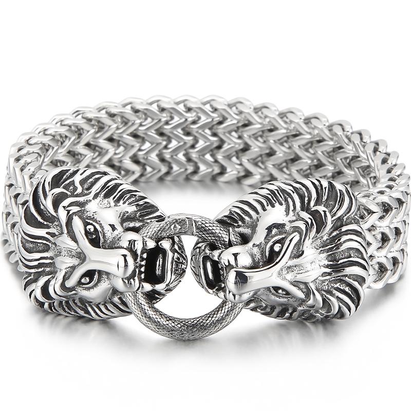 

Готический браслет с двойной головой льва для мужчин, нержавеющая сталь, ширина 18 мм, квадратная цепочка Франко, мужские браслеты, ювелирные изделия на запястье с животными, большой размер 23,5 см 23.5CM серебряный