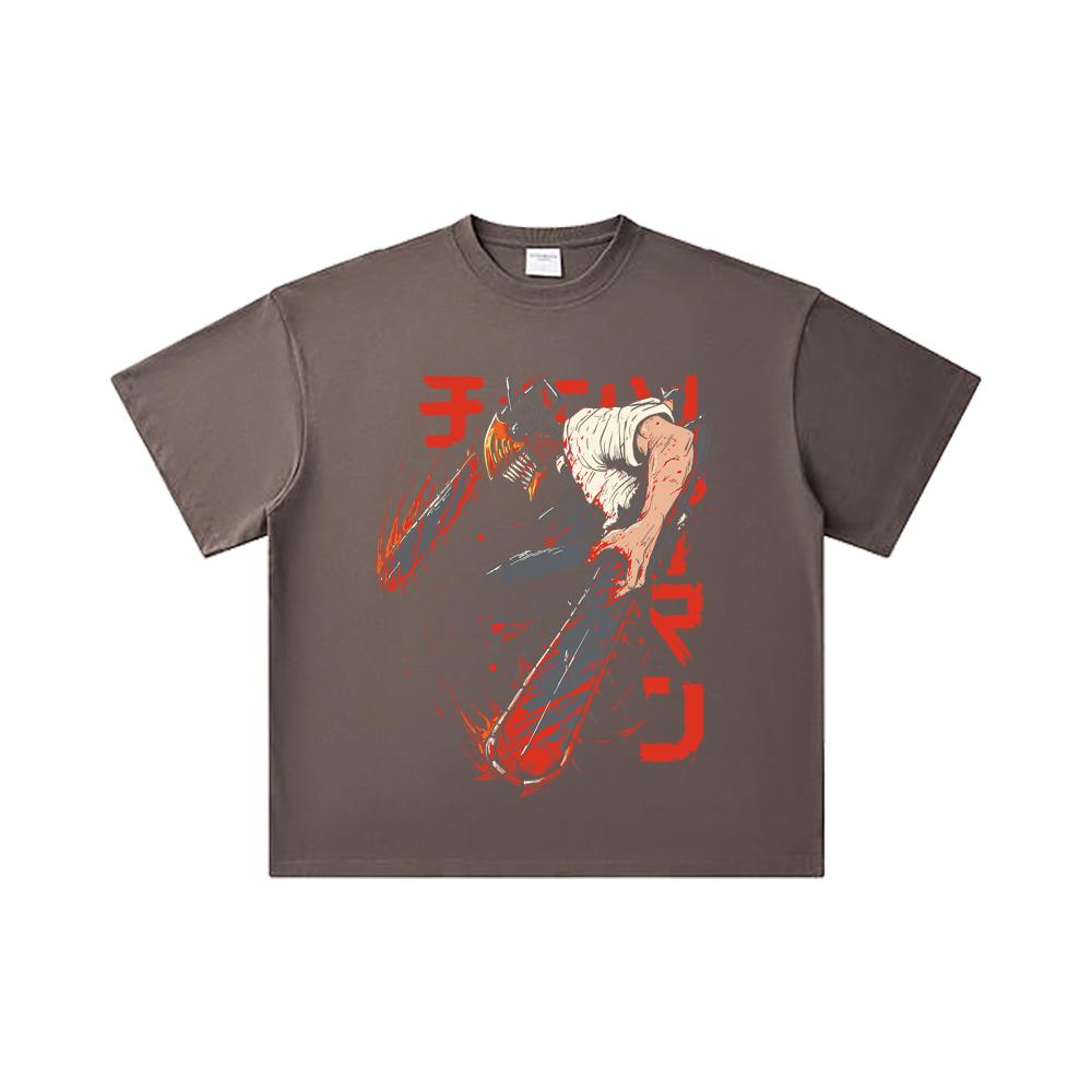 260 GSM Doppelgarn 32er Zählung 100% Baumwolle Chainsaw Man V21 Denji Druck Unisex Schweres Baumwoll-T-Shirt