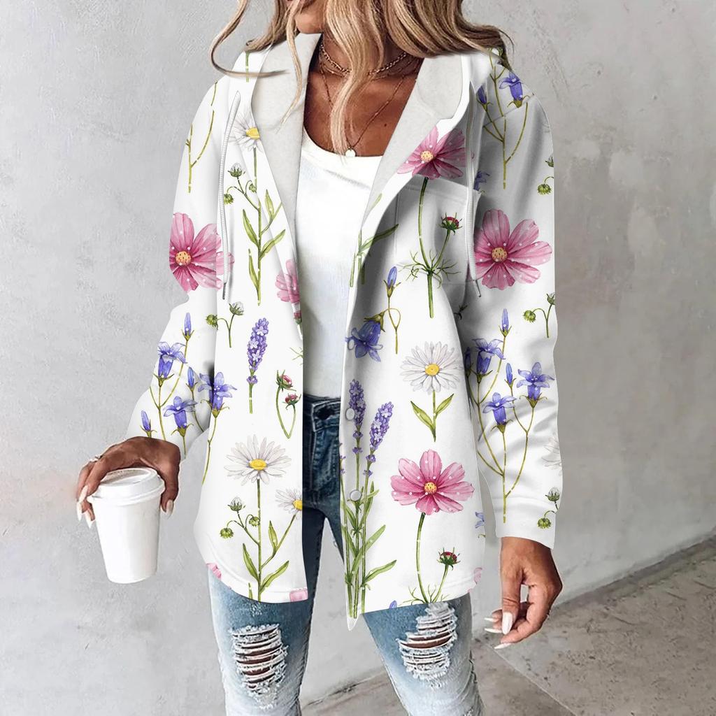 Sweat à capuche pour femme, sweat-shirt chaud d'hiver, bouton, cordon de serrage, veste imprimée, manteau