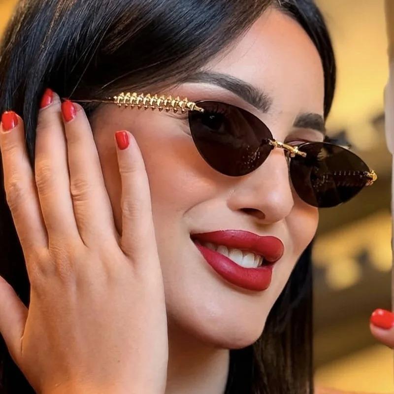 New Fashion Rimless Cat Eye Sunglasses Women Men Metal Rivet Sun Glasses Outdoor Driving Travel Beach Goggle Eyewear