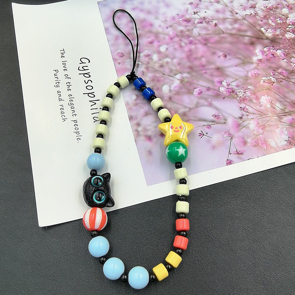 "Monster Cat Mobile Phone Beaded Wrist Lanyard with Anti-Fall Pendant"
