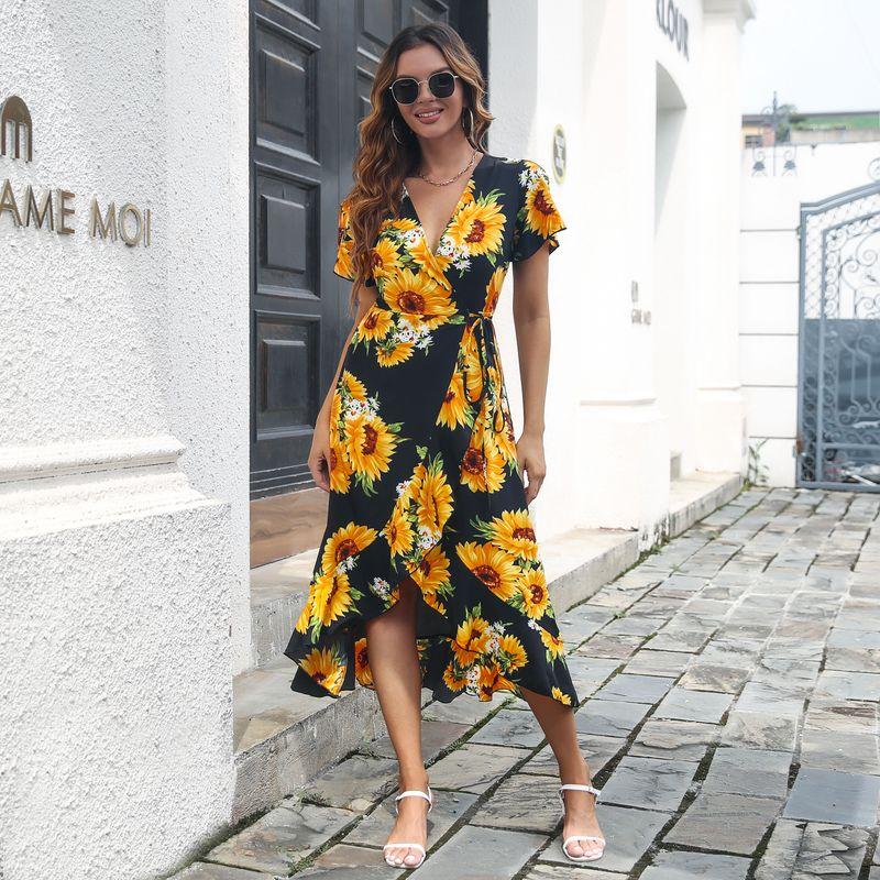 

Bohemia Sweet V-neck SUNFLOWER Floral Tight Waist Tied Lotus Leaf Asymmetrical Short Sleeve Dress Dress Black sunflower XL