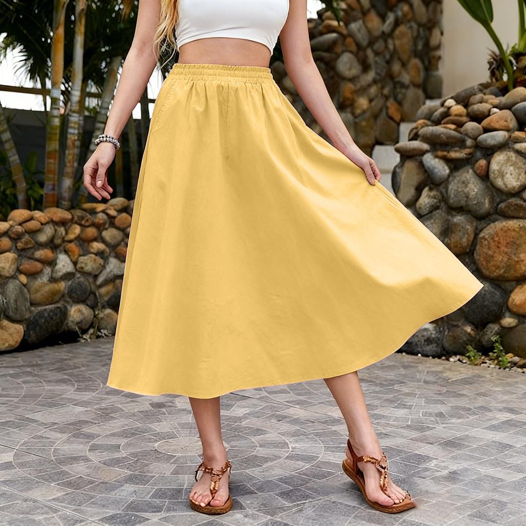 Damen High Waist A-Linien Midi-Rock mit elastischem Bund und Seitentaschen, lässiger lockerer Schnitt, fließender Rock für den Alltag