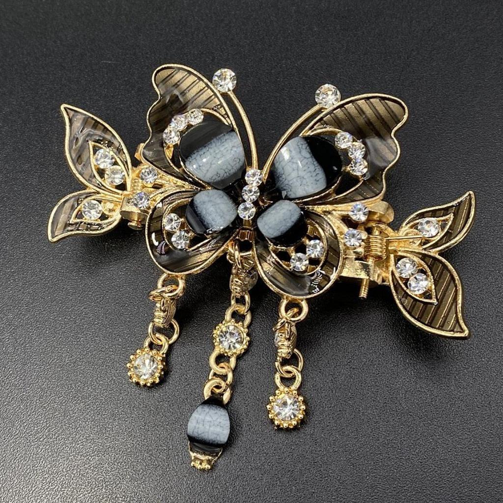Korean Butterfly Rhinestone Tassel Hair Clip for Women - Bow Knot Crab Bun Holder Retro Style