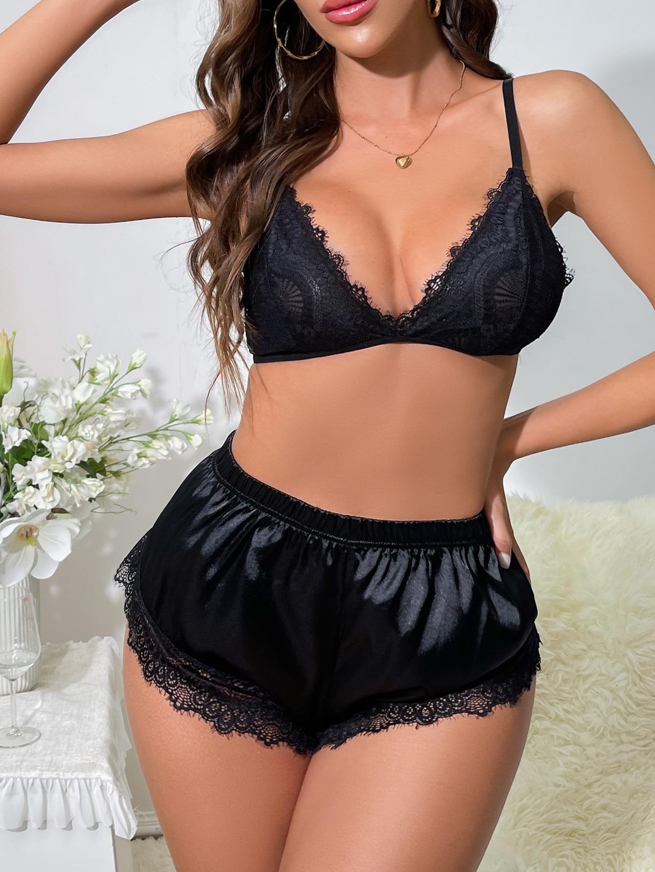 Европа, Америка, популярный сексуальный кружевной эротический комплект нижнего белья с подвязками, трехточечный кружевной комплект, облегающий грудь S чёрный