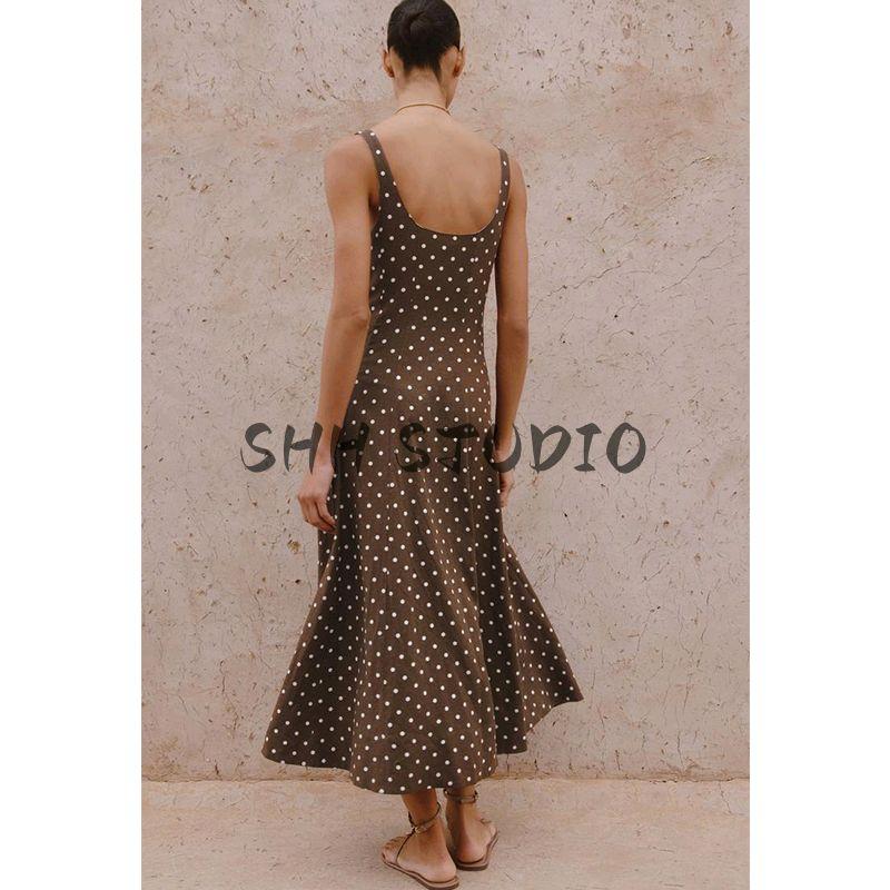 Summer New Product Women's Clothes American Square Collar Shoulder Strap with Linen Blend Polka Dot Midi Skirt Dress 8099510